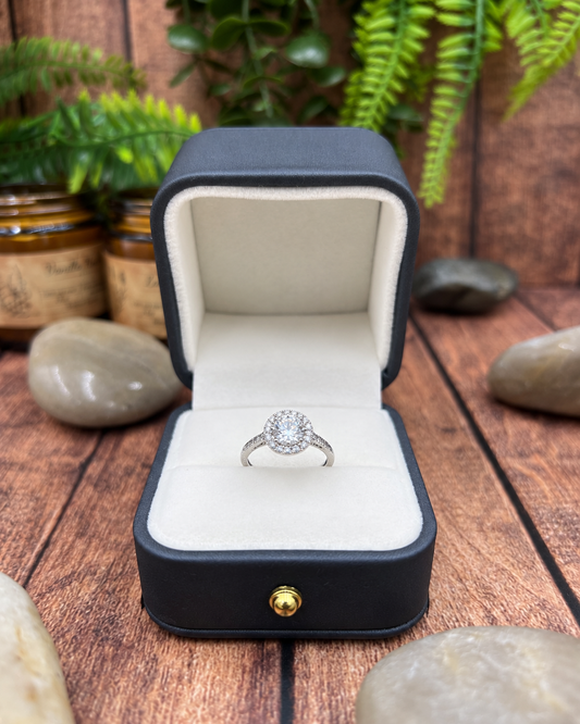 Silver Tone Halo Crystal Ring – Clear Stone Cluster Statement Ring