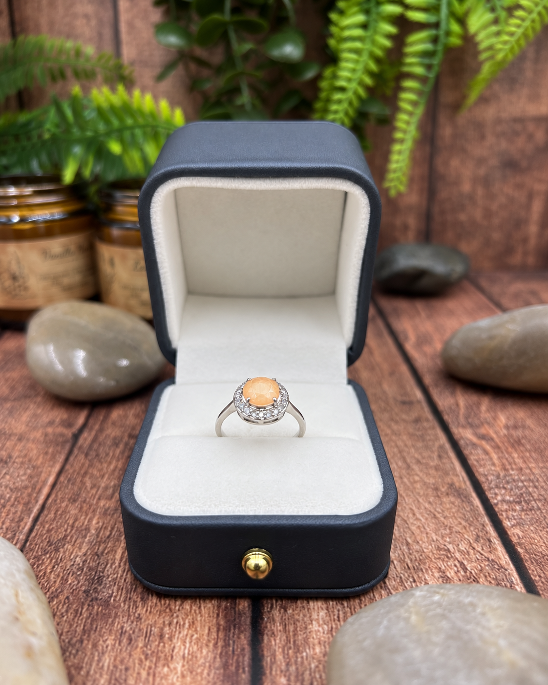 Silver Tone Peach Stone Halo Ring – Crystal Cluster Dress Ring