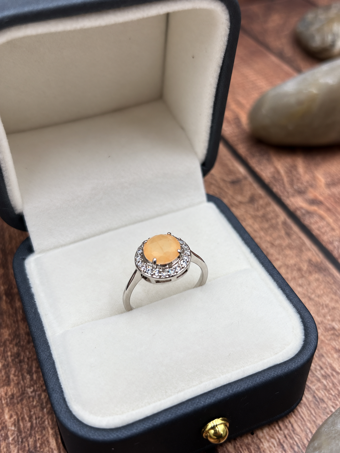 Silver Tone Peach Stone Halo Ring – Crystal Cluster Dress Ring