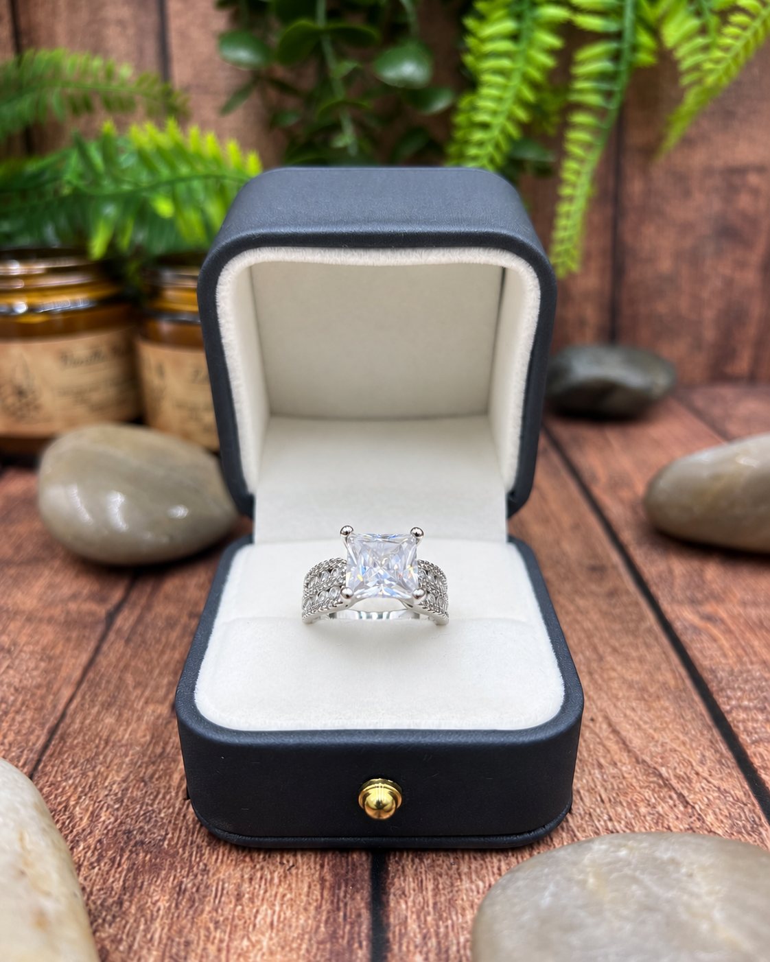 925 Sterling Silver Clear Stone Statement Ring – Square Cut Cluster Dress Ring