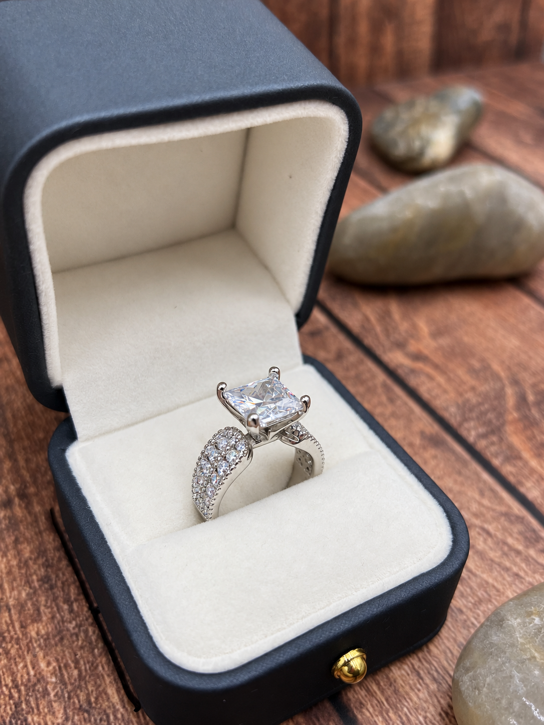 925 Sterling Silver Clear Stone Statement Ring – Square Cut Cluster Dress Ring