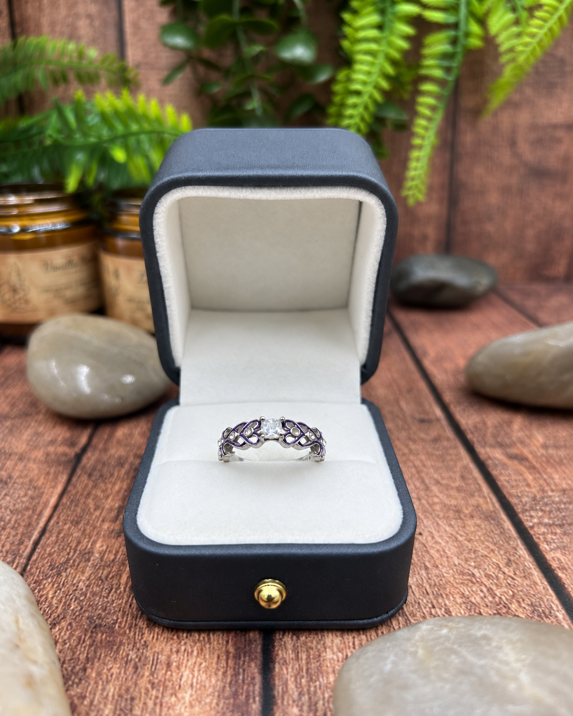 925 Sterling Silver Purple Enamel Celtic Ring – Clear Stone Solitaire