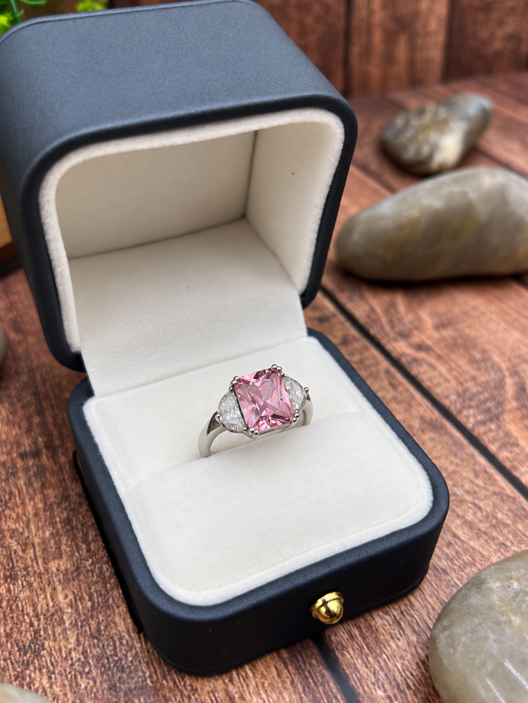 925 Sterling Silver Pink Stone Solitaire Ring – Large Emerald Cut Statement Ring