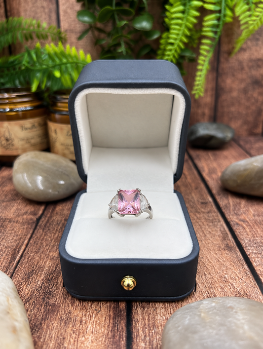 925 Sterling Silver Pink Stone Solitaire Ring – Large Emerald Cut Statement Ring