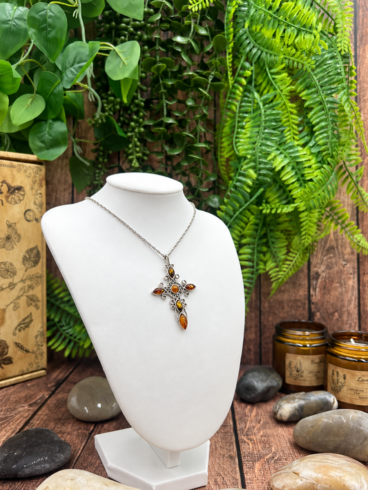 925 Sterling Silver Amber Cross Pendant Necklace