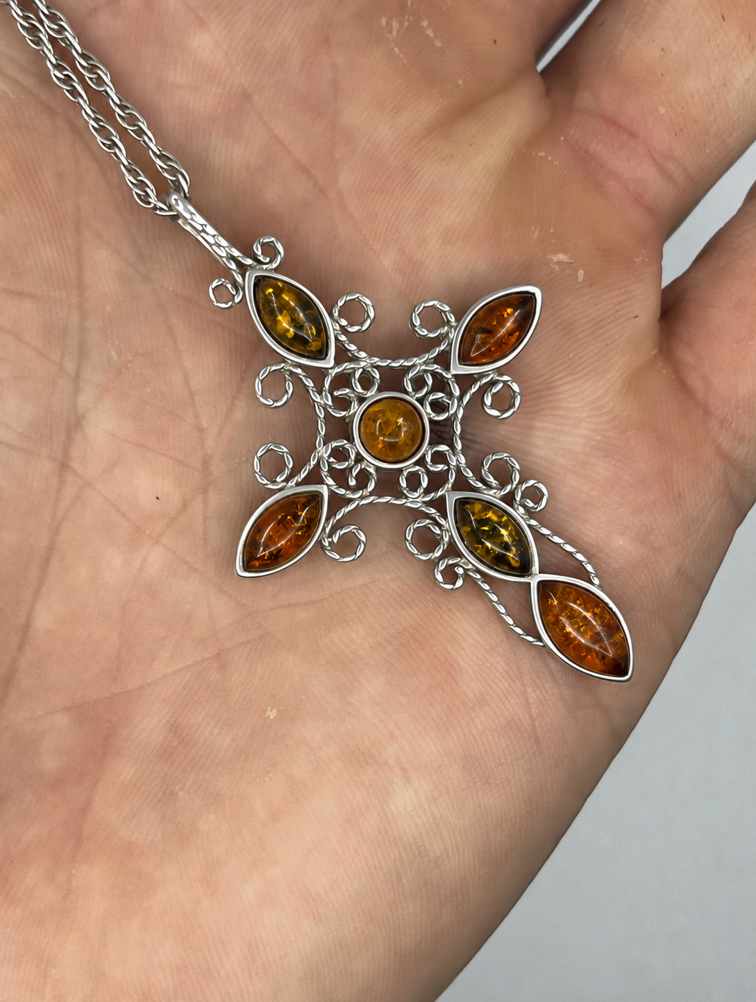 925 Sterling Silver Amber Cross Pendant Necklace