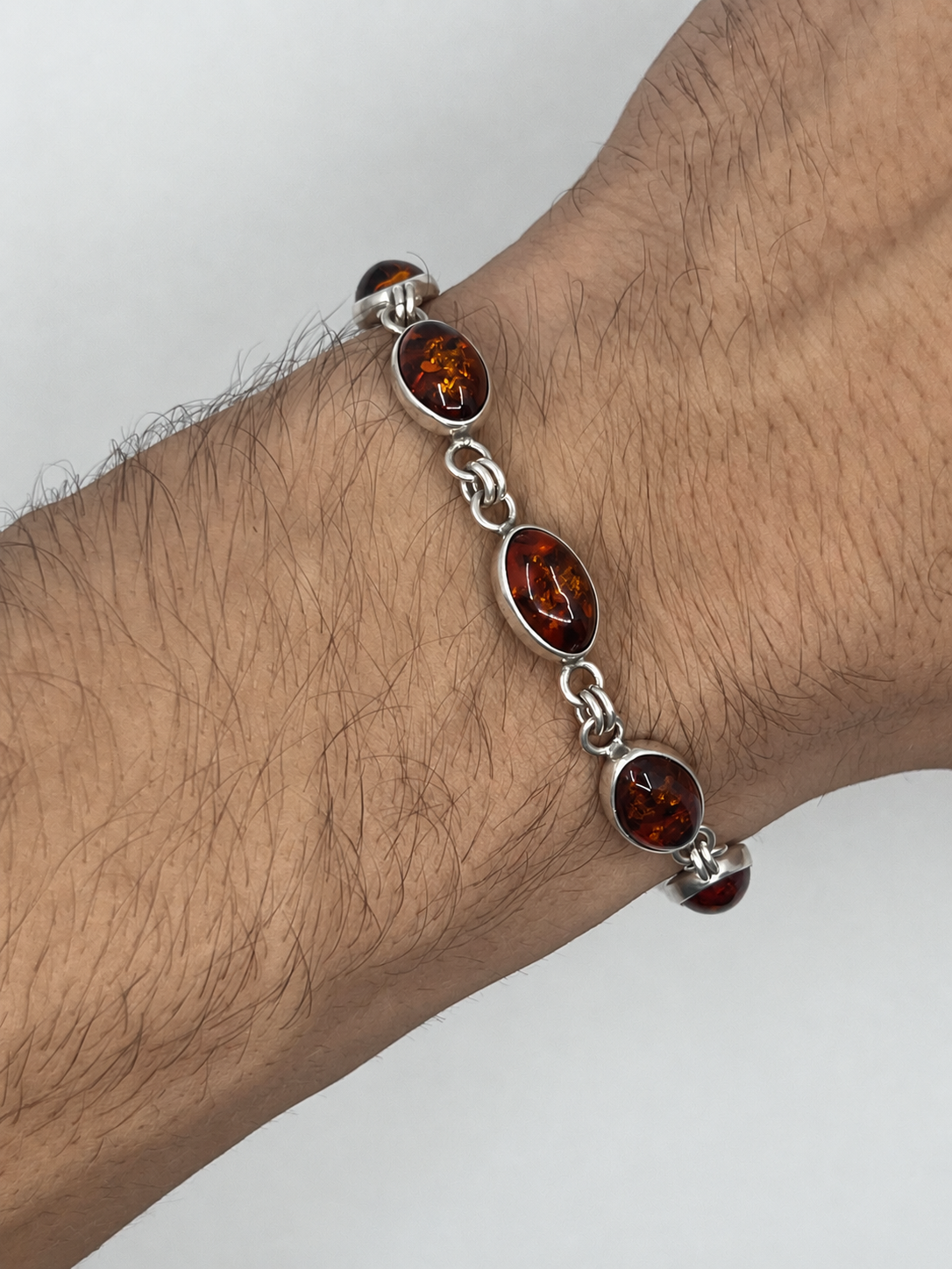 925 Sterling Silver Oval Amber Link Bracelet