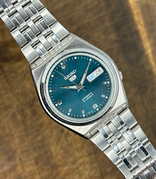Seiko 5 Green Dial DayDate Open Caseback Stainless Steel Watch