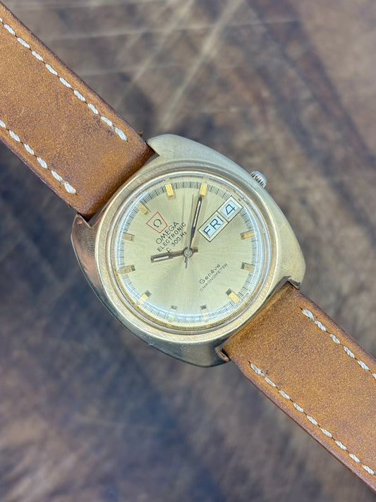 Vintage Omega Genève Electronic f300Hz Chronometer – Gold Tone Tuning Fork Watch – Day/Date