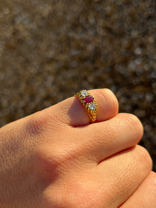 Burma Ruby and Old cut diamond 18k yellow gold ring