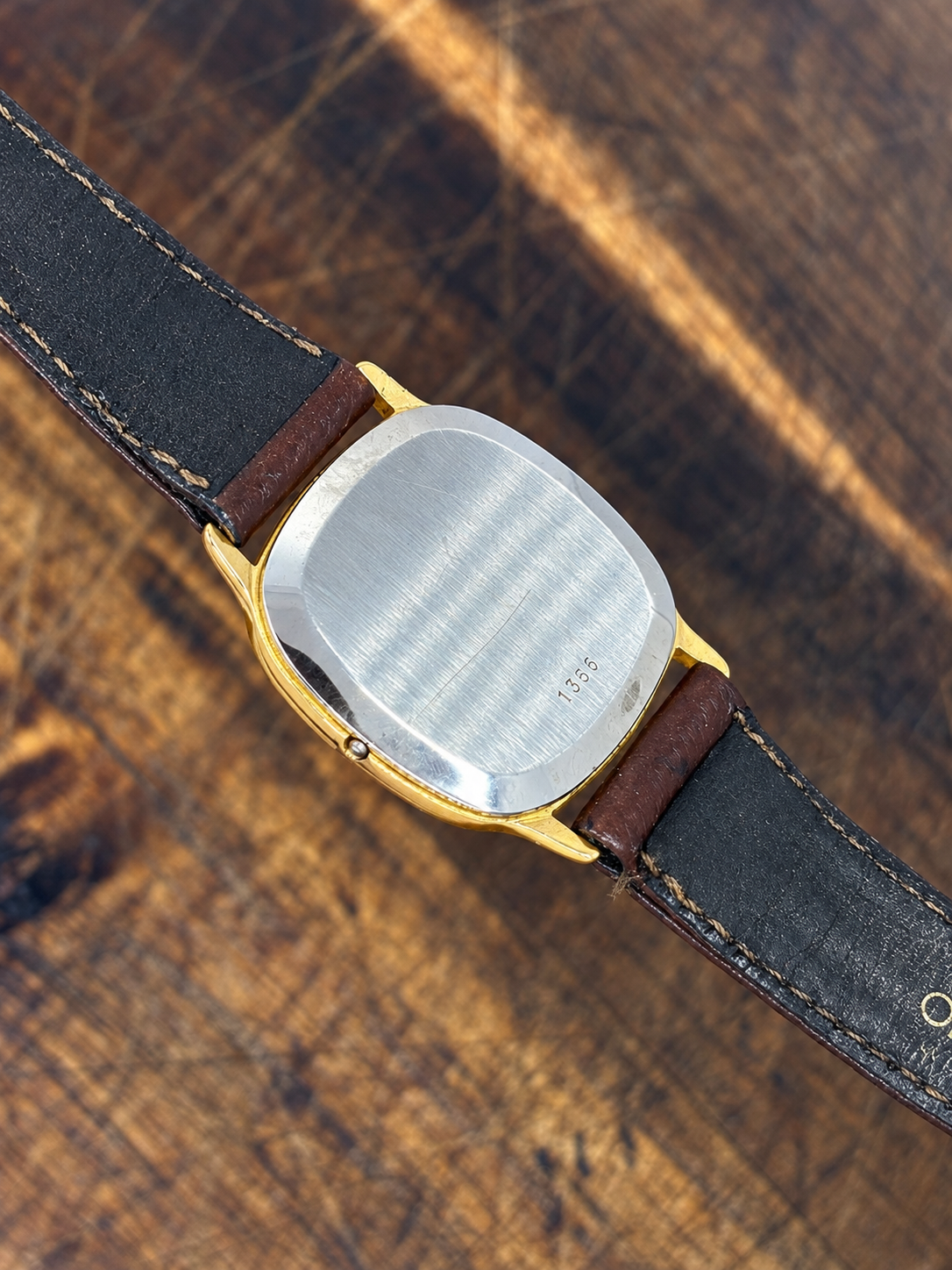Vintage Omega De Ville Quartz Watch – Gold-Tone Cushion Case – Grey Sunburst Dial – Brown Leather Strap