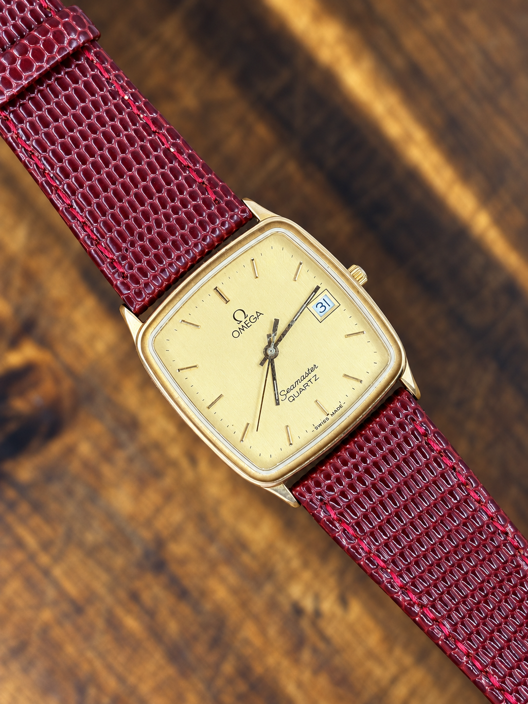 Vintage Omega Seamaster Quartz – Gold Square Dial – Date Display – Burgundy Leather Strap