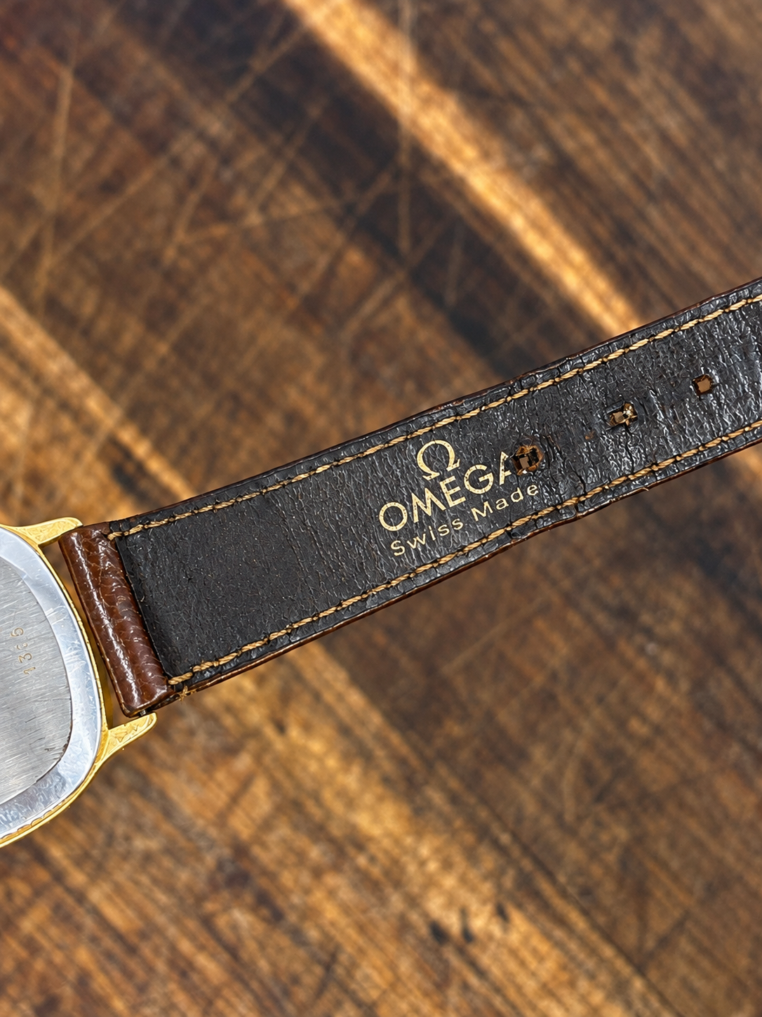 Vintage Omega De Ville Quartz Watch – Gold-Tone Cushion Case – Grey Sunburst Dial – Brown Leather Strap