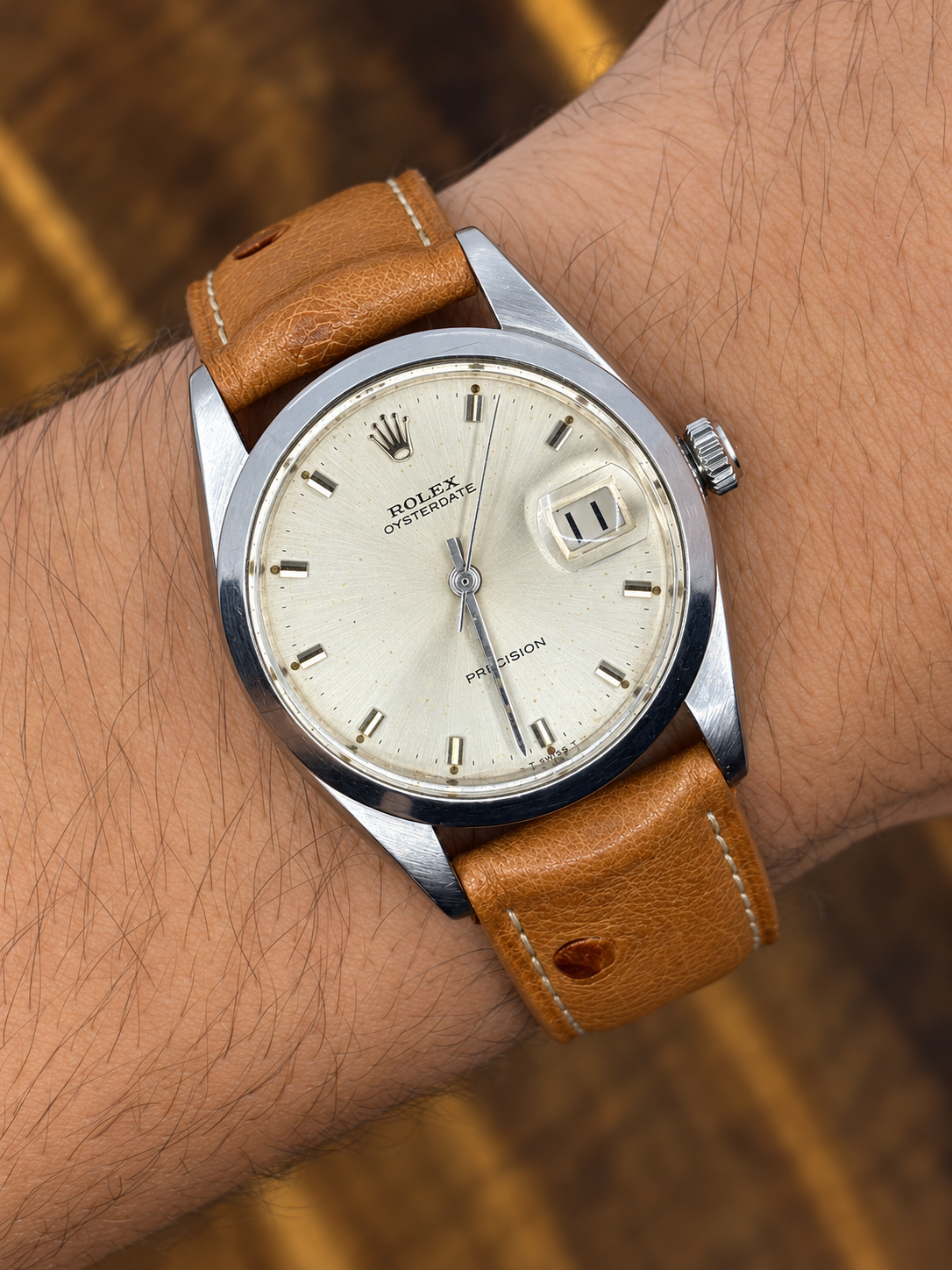 Vintage Rolex Oysterdate Precision – Stainless Steel Case – Silver Sunburst Dial – Tan Leather Strap